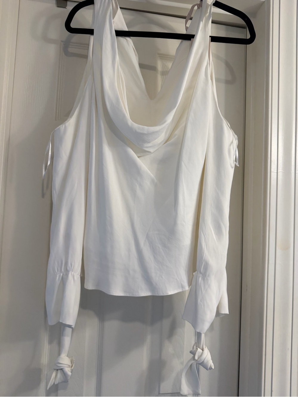 White Cowl-Neck Cold-Shoulder Blouse with Tie Sleeves by Keepsake.